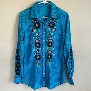 Johnny Was 3J Blue Long Sleeve Embroidered‎ Button Down Top Size Small Cotton